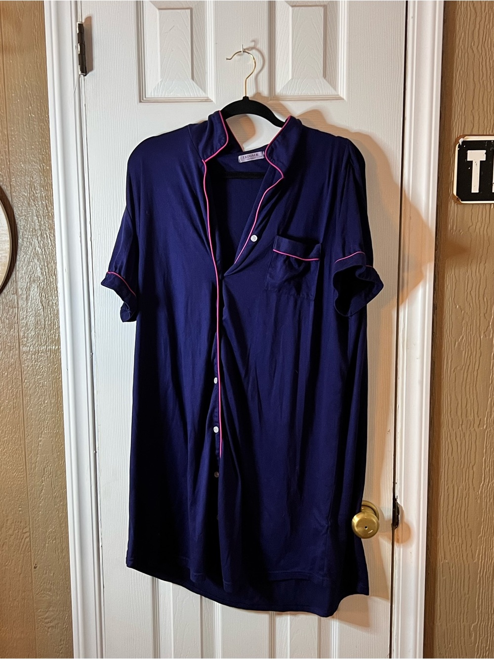 Navy Short-Sleeve Nightshirt Women’s with Pink Piping - Classic Sleep Shirt